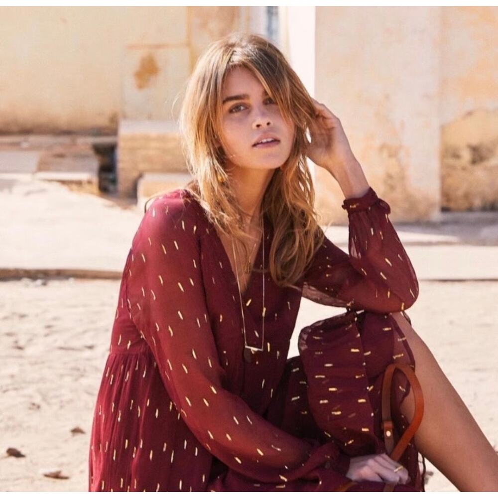 Sezane Celeste Maxi Dress Long Sleeve Red Sheer Bohemian Boho 36 Size 4 - Picture 2 of 10